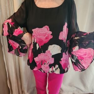 Alfani Black and Pink Bell Sleeve Blouse